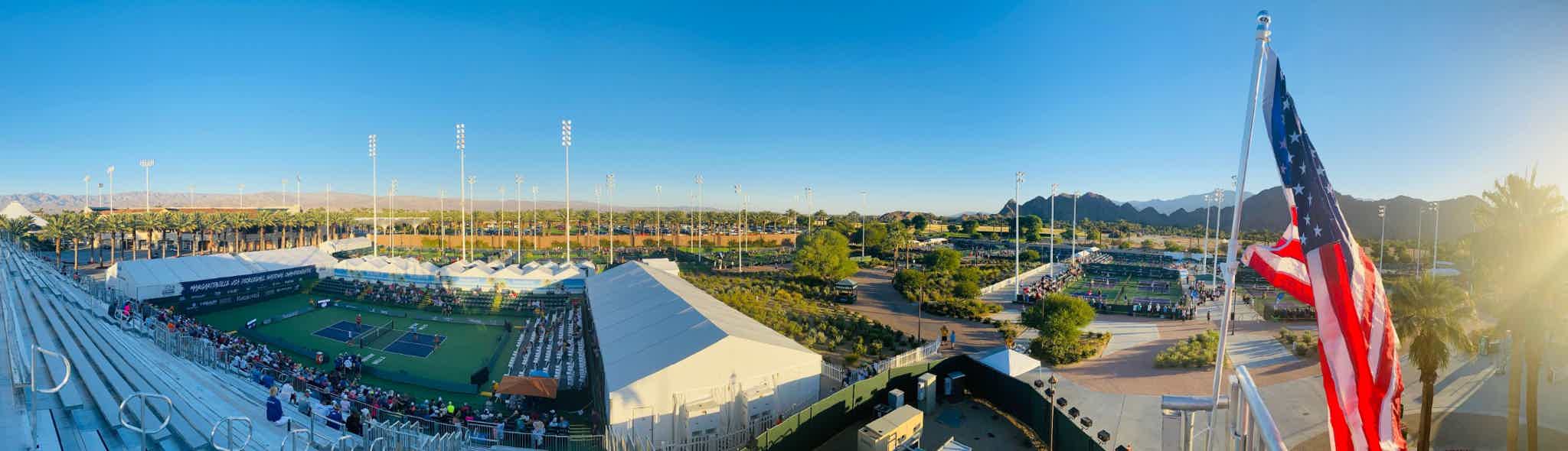 aerial view of pickleball courts and stands